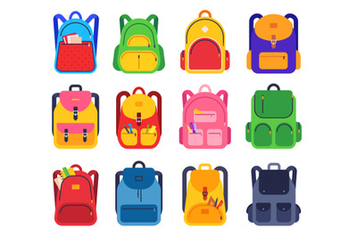 School backpack. Color schoolbags zipper and pockets with stationery s