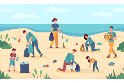 Beach cleaning. Volunteers protect sea coast from pollution. People pi