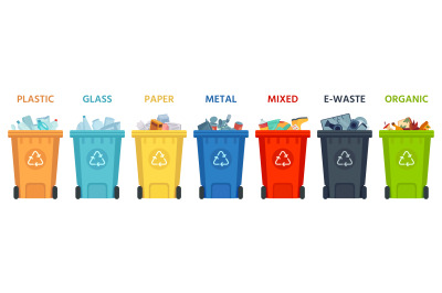 Recycling bins. Containers with separated garbage. Trash cans for plas