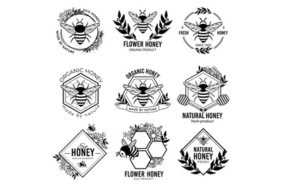 Honey labels. Beekeeping eco product badges, apiculture natural organi