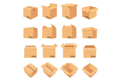 Open and closed cardboard box. Delivery package in side&2C; front and top