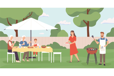 People at barbecue. Happy family, friends spending time in backyard ho