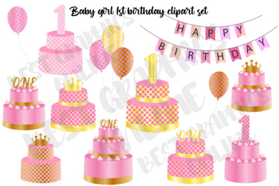Baby Girl 1st Birthday Cake Clipart Set