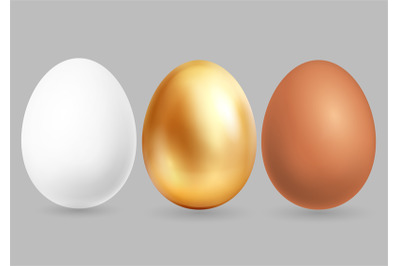 Three realistic eggs isolated on grey background