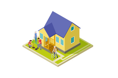 Volunteers help an older couple with garden work isometric vector illu