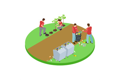 Volunteers take out the trash in the park and plant trees isometric ve