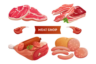 Cartoon meat products and fresh meat vector isolated on white backgrou