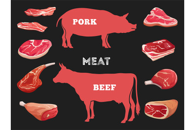 Different cuts of cow and pork meat vector illustration