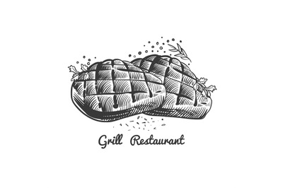 Grill restaurant, steak house vector illustration with hand drawn stea