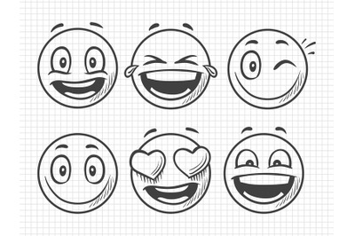 Hand drawn positive emojis&2C; smile vector sketch