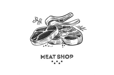 Meat products, fresh beafsteak and ribs hand drawn vector illustration