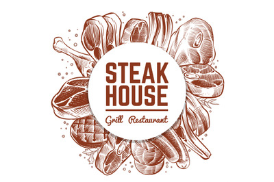 Steak house grill restaurant menu banner with hand drawn meat products