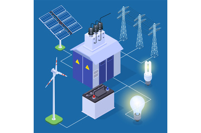 Electric power isometric vector concept with energy generator and sola