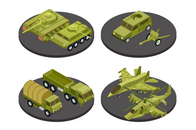 Military vehicles isometric icon set with tanks transport missile syst