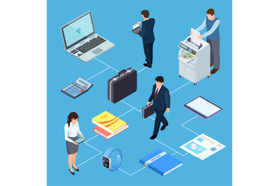 Office equipment, office workers isometric vector concept