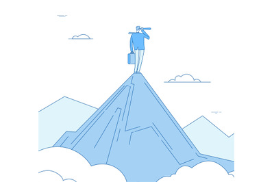 Vision concept. Businessman standing on mountain peak looking with spy