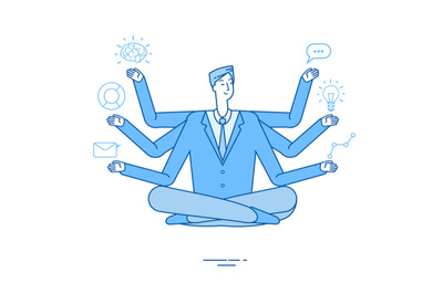 Multitasking businessman. Project manager sitting in relaxation yoga l