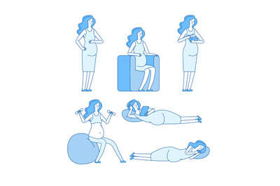 Pregnant women. Young woman expectant mom lying eating doing exercises