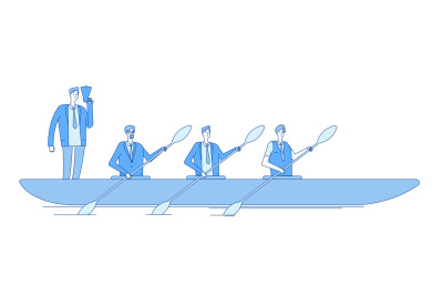 Businessman in boat. Business captain leader people team rowers rowing