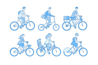 Cyclist set. Active people riding bicycle, adult persons bicyclist in