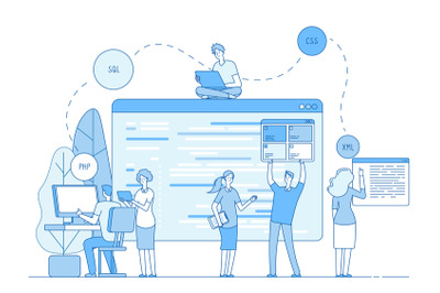 Programmers coding website. Coders write source code on screen on wind