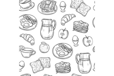 Breakfast doodle pattern. Pancakes jam cheese yogurt sausage tea bread