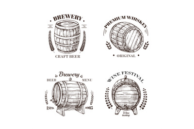 Brewery emblem. Barrel of beer and wine, whiskey and brandy sketch vec