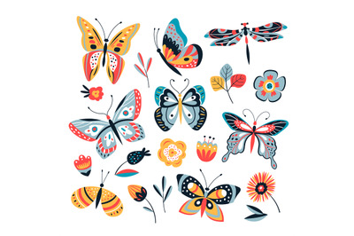 Color drawing butterfly. Butterflies moth and flowers. Vintage insects
