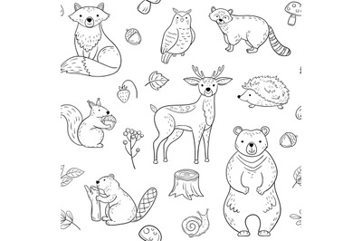 Forest animals seamless pattern. Fox Owl Raccoon Beaver Bear Hedgehog