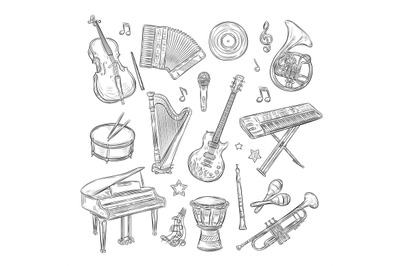 Musical instruments doodles. Drum flute synthesizer accordion guitar m