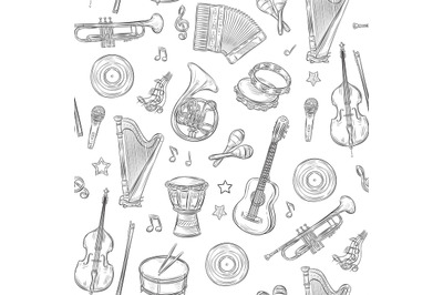 Music seamless pattern. Musical instruments doodles. Rock roll vintage