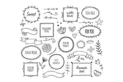 Scrapbook sketch elements. Doodle square borders decorative banner han