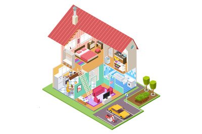 Cutaway house isometric. Housing construction cross section with kitch