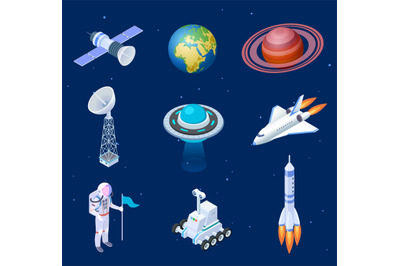 Isometric spaceships. Space satellite rocket telescope globe spaceman