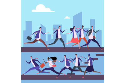 Cartoon men and women run to work vector illustration. Business succes