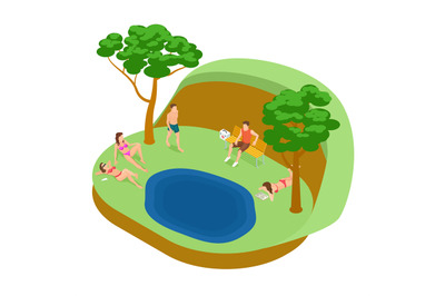 Lakeside beach, tan women and men isometric vector concept