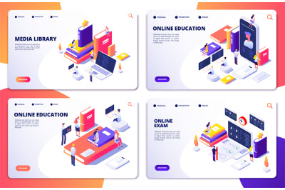 Online education, training, library, exam vector landing page template