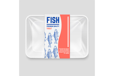 Realistic plastic container with hand drawn fish label vector design