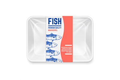 Realistic plastic container with hand drawn mackerel fish label vector