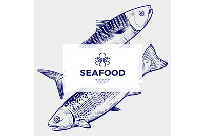 Seafood restaurant or cafe vector banner template with hand drawn engr