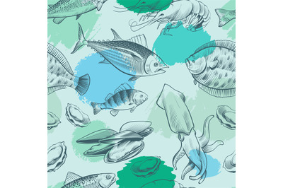 Sealife seamless pattern with grunge elements. Ocean texture with fish