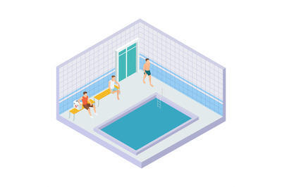 Vector men in water pool isometric concept