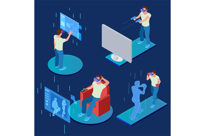 Virtual reality gaming, sporting, relaxing isometric vector concept