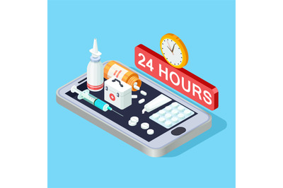 Online pharmacy isometric concept&2C; 24 hours pharmacy app vector illust