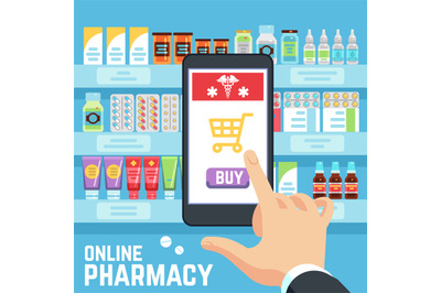 Online pharmacy vector concept. Buyers hand selects and buys drugs and