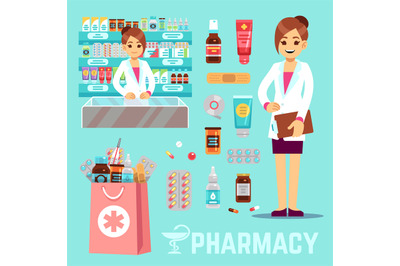 Pharmacy vector elements with female pharmacist and drugs. Pharmacy ic