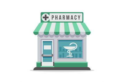 Vector pharmacy city building exterior front view. Isolated flat vecto