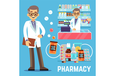 Vector pharmacy elements with male pharmacist, vitamins and drugs