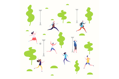 Active people in the spring park, walking and running people vector il