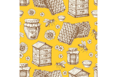 Hand drawn honey seamless pattern with jars, bee, flowers and beehive